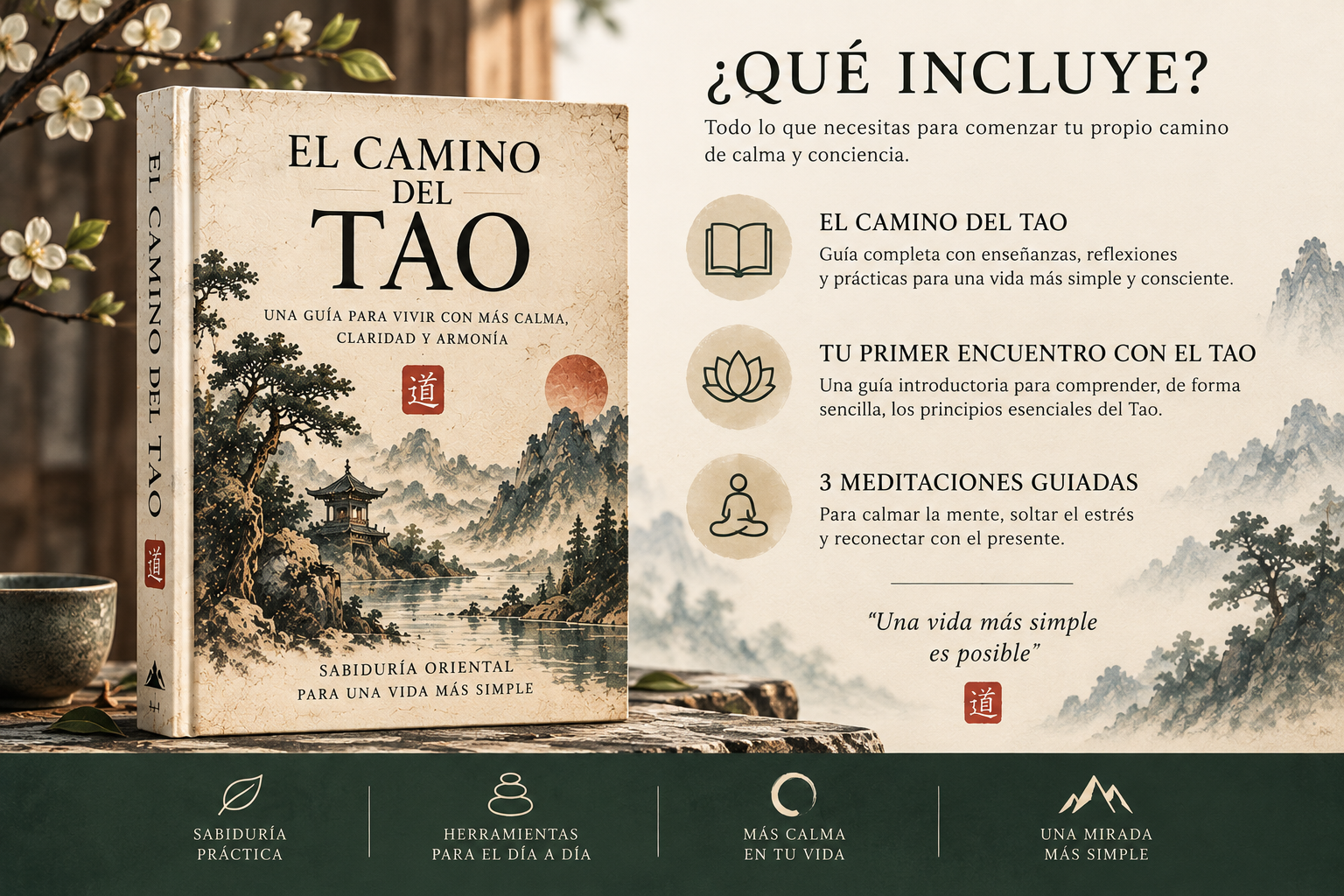 Resumen visual de todo lo incluido: El Camino del Tao, la guía introductoria y tres meditaciones guiadas